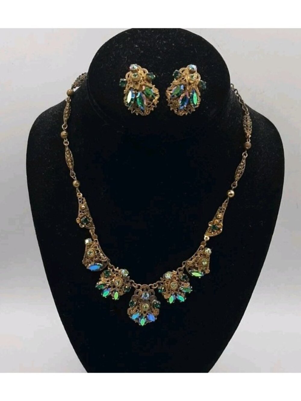 Vintage 12k Gold Filled Filigree Rhinestones Necklace and Matching Clip Earrings